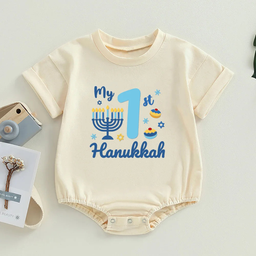 Happy Hanukkah Baby Bubble Romper Jewish  Oversized T-Shirt Romper Shirts Chanukah Boys Girls Clothes Hanukkah Infant Jumpsuit