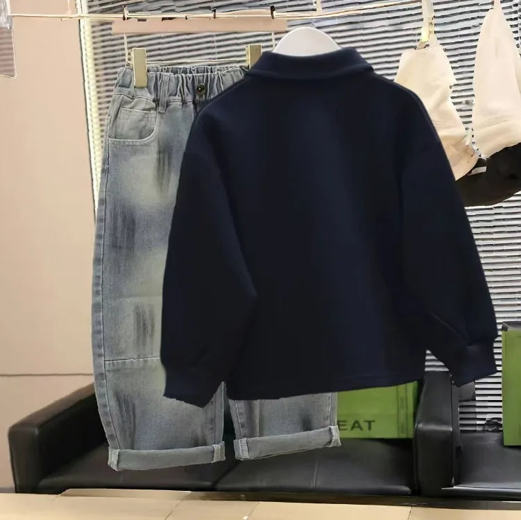 Boys' Medium-Large 2025 New Spring/Autumn No Hood Street-Style Casual Polo Collar Layering Top Trendy Kids Sweatshirt