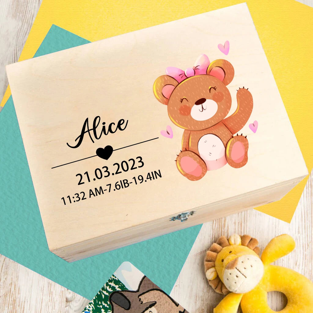 Custom Wooden Baby Box Newborn Baby Gift Personalised Infant Memory Box Cute Animal Print Wood Box Birth Stats Gift New Mom Gift