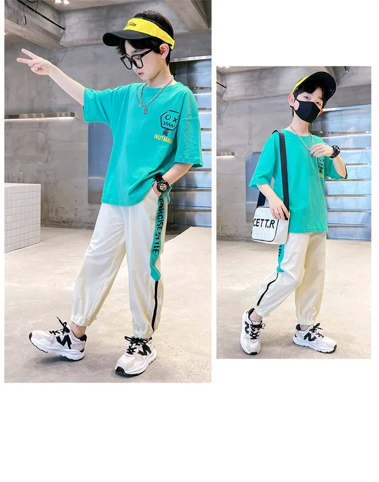 4-12 Years Teen Summer Boys Clothing Sets Fashion Letter Short Sleeve T-shirt Pants 2Pcs Suit For Kids Children Casual Outfits