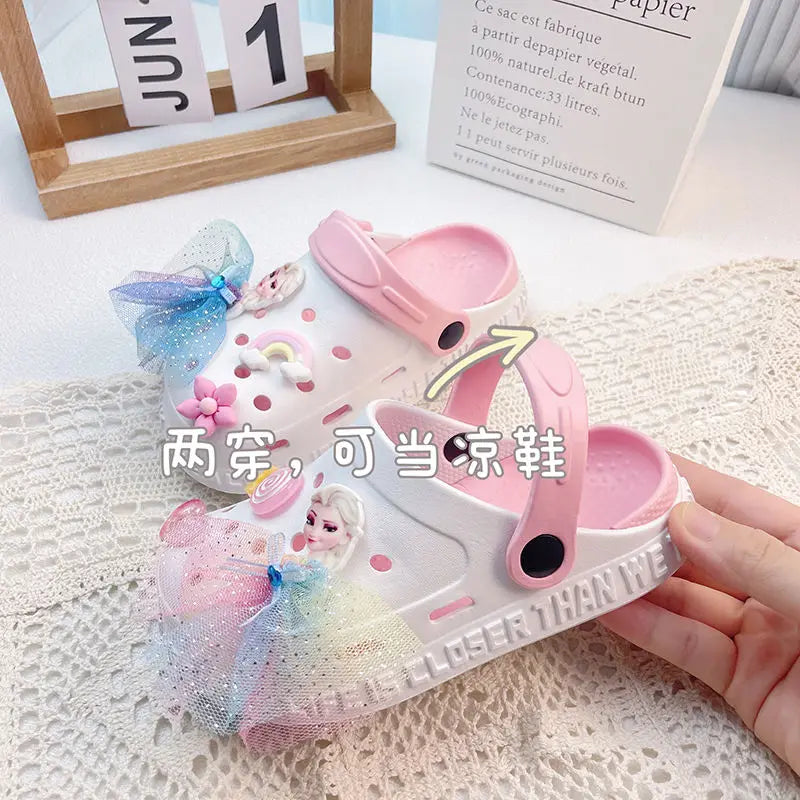 Disney Girls' Slippers Summer Princess Elsa Children's Girls Hole Shoes Summer Frozen Slippers Blue Pink Shoes Size 24-40