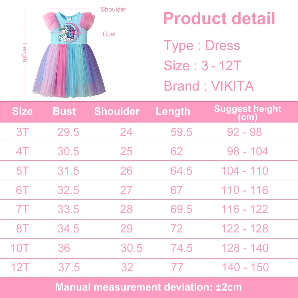VIKITA Girls Licorne Star Print Dress Kids Summer Flare Sleeve Blue Dresses Kids Birthday Party Fashion Princess Elegant Dresses