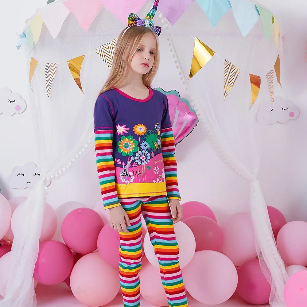 VIKITA Girls Clothing Sets Kids Floral Print Long Sleeve Cotton Rainbow Striped T Shirt and Leggings 2 Pcs Home Wear Clothes Set