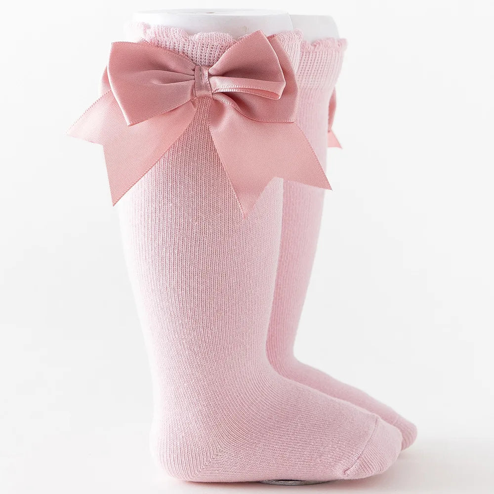 1 Pair Spanish Style Girls Socks Solid Color Big Bow 100% Cotton Baby Children Toddlers Long Socks Princess Knee High Socks