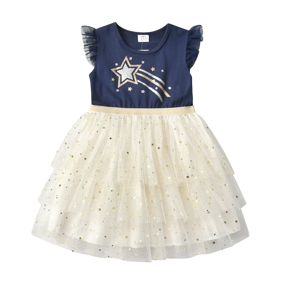 VIKITA Toddlers Flare Sleeve Summer Dress Kids Star Print Mesh Tulle Glitter Sparkling Festival Birthday Party Elegant Dress 5Y