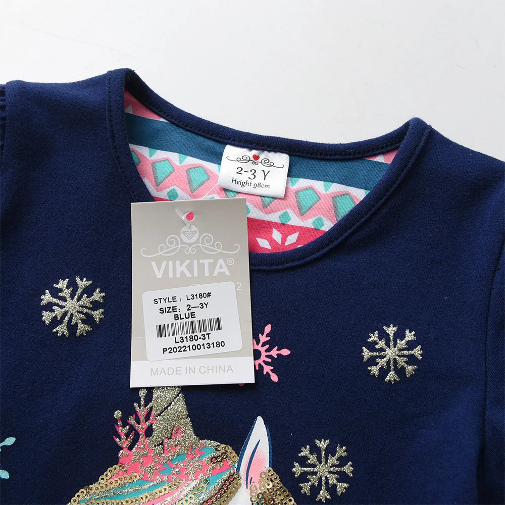 VIKITA 2025 New Girls Long Sleeve Snowflake Print Tops Girls Christmas New Year Xmas Gifts Toddlers Cotton Casual T Shirt Tees