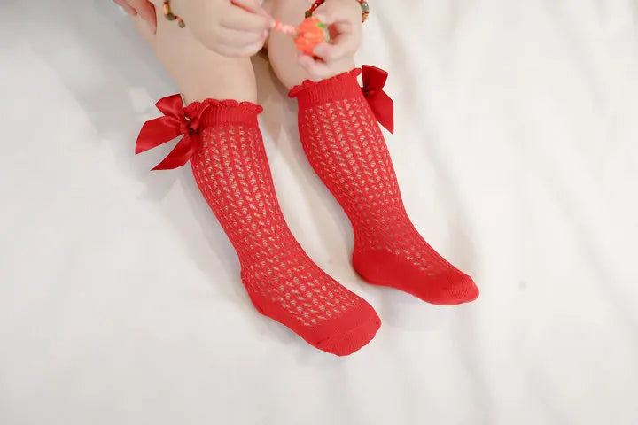 Limit quantity 0-2Y Children Girls Royal Style Bow Knee High Fishnet Socks Baby Toddler Bowknot Socks Kid Hollow Out Sock Sox