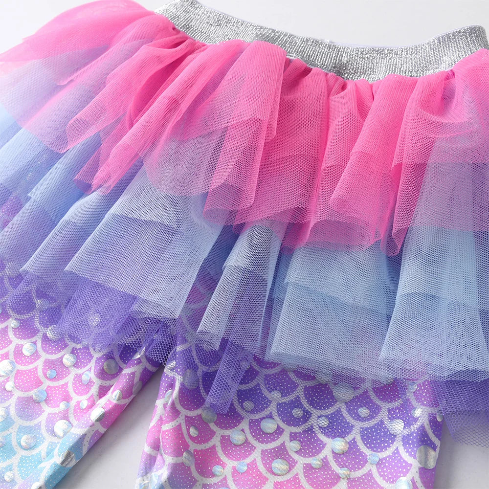 VIKITA Kids Trousers Girls Mermaid Print Leggings with Tutu Skirts Fake 2 Pcs Pants Girls Fashion Trousers Mesh Pants Skirts