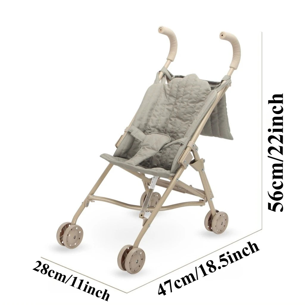 Folding Umbrella Doll Stroller for Girls Soft Embroidery with Sturdy Metal Frame Pretend Play with Dolls Christmas Gift for Kids