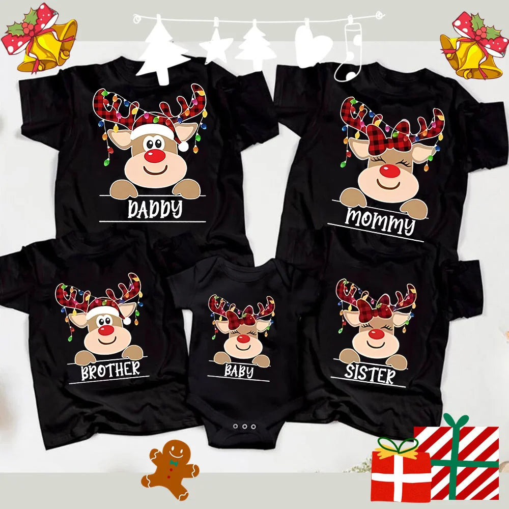 2026 Christmas Shirt Family T-shirt Elk Name Printed Women's T-shirt Men's Clothing Children's Clothing Baby jump