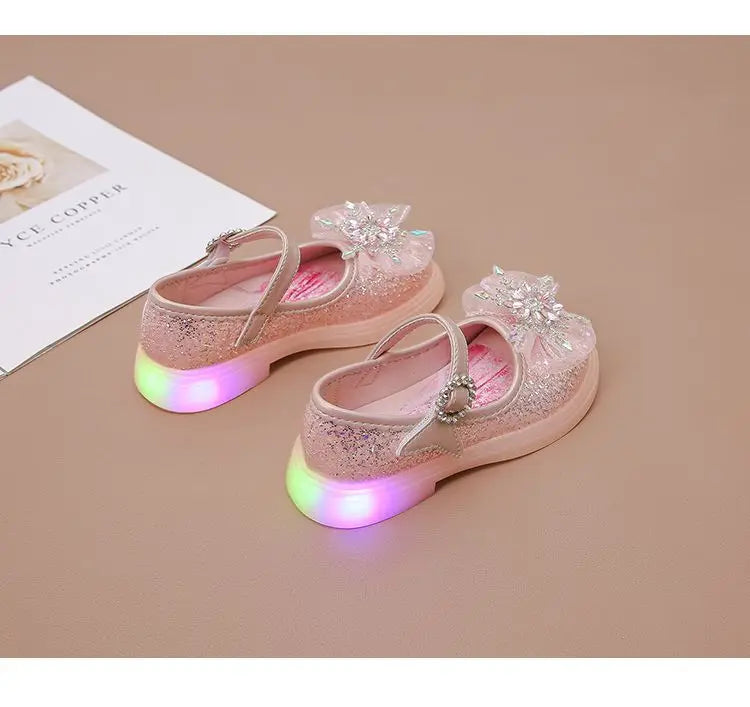 Disney Children's High Heel Princess Elsa Party LED Light Shoes Summer Girls Sandals Baby Girls' Crystal Blue Pink Shoes 23-34