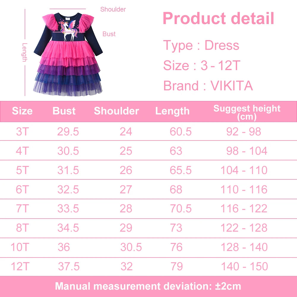 VIKITA Girls Unicorn Print Cartoon Dress Kids Flare Sleeve Prom Gown Girls Gradient Layered Mesh Tulle Tutu Princess Vestidos