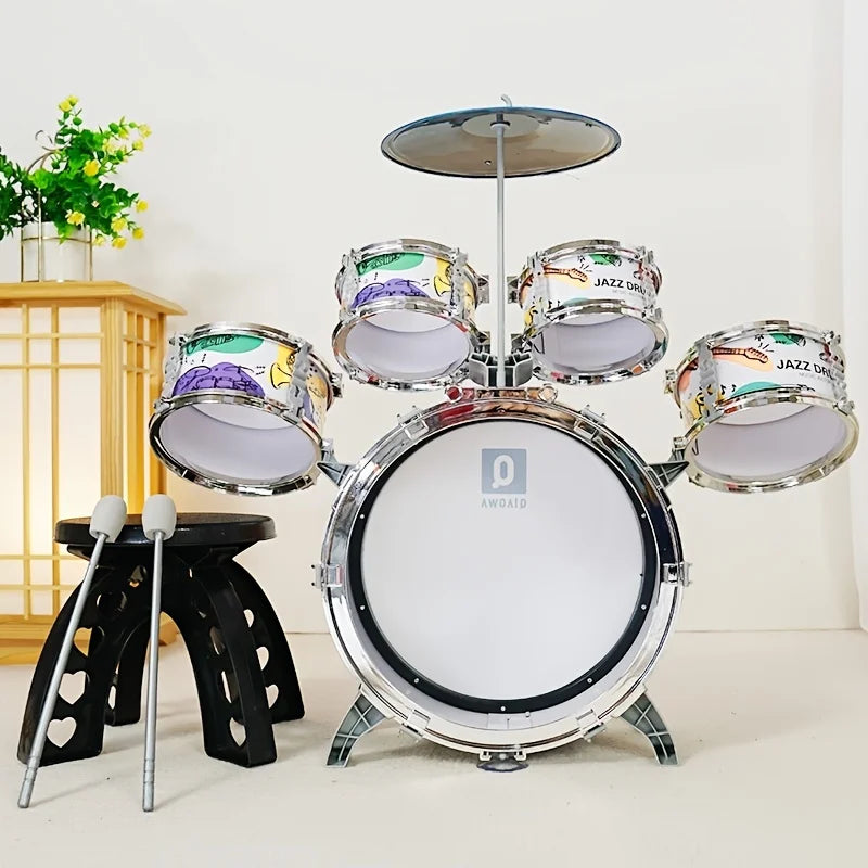 Kids Drum Set Toddler Jazz Drum Kit Toys with Stool Pedal Percussion Musical Instruments Drum Toy Early Education Gift for Boys
