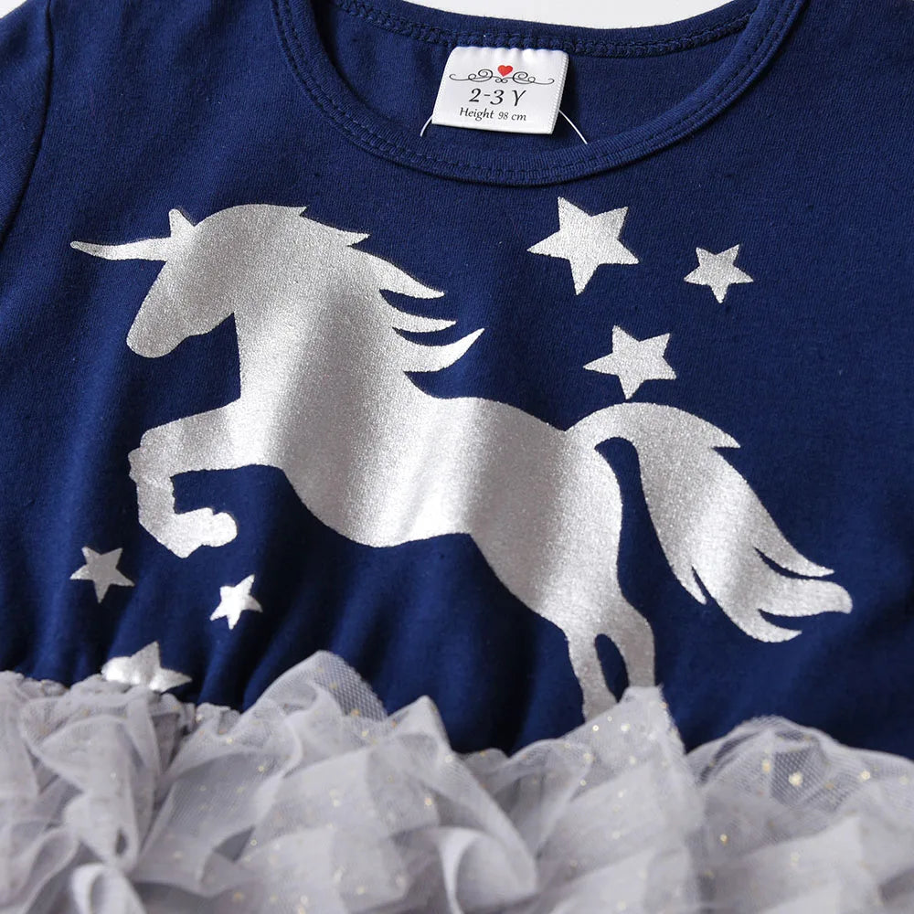 VIKITA Girls Teenagers Licorne Print Cartoon Glittery Dress Kids Navy Blue Grey Tiered Tulle Layered Tutu Princess Dresses 3-8Y