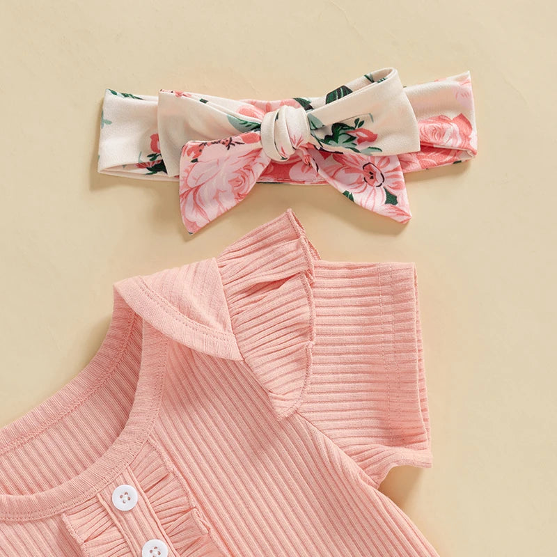 Toddler Girls 3 Piece Outfit Set Ruffle Sleeve Bodysuit Floral Bell Bottom Pants Headband Set for Baby Girl