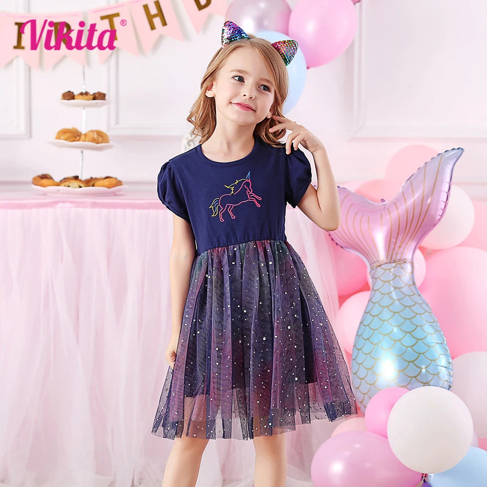 VIKITA Kids Summer Short Sleeve Princess Dress Girls Gradient Unicorn Embroidery Dress Children Birthday Party Casual Dresses
