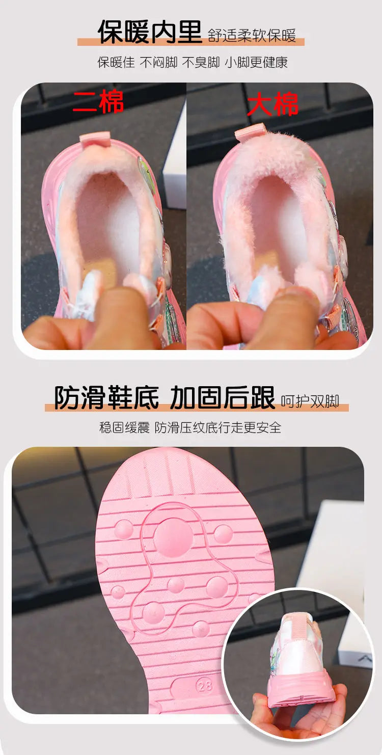 Disney LED Casual Sneakers Pink Purple For Summer Girls Frozen Elsa Princess Print Outdoor Shoes Children Lighted Non-slip Shoes