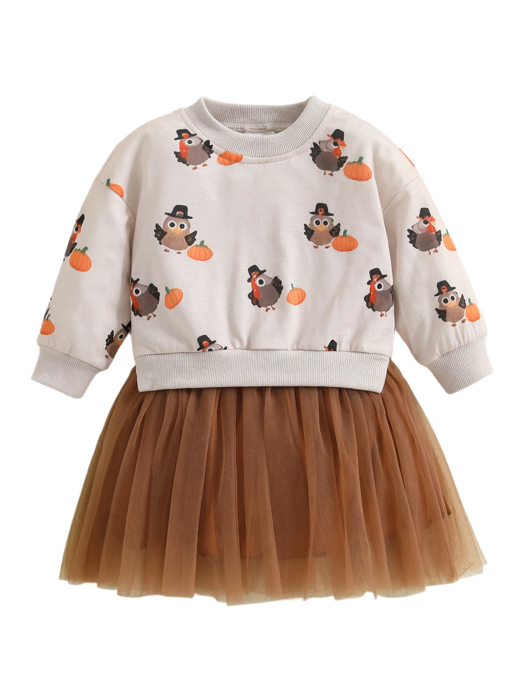 Toddler Girl Thanksgiving Tutu Dress Turkey Pumpkin Print Faux Two-Piece Crew Neck Long Sleeve Sweater Dress with Tulle