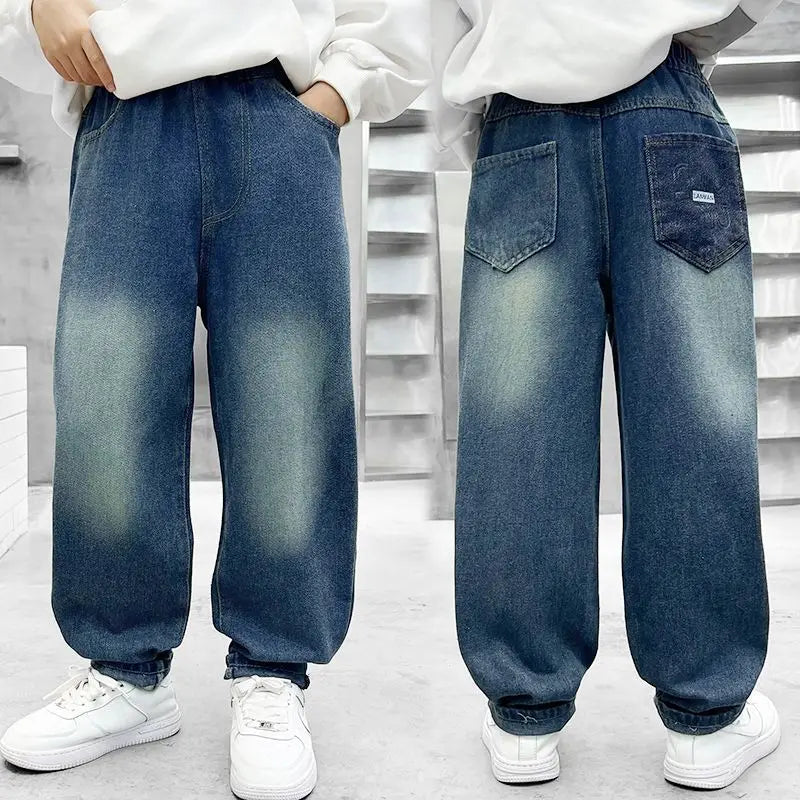 2025 New Boys' Loose Fit Jeans for Kids - Korean Style Washed Denim Long Pants, Trendy & Comfortable