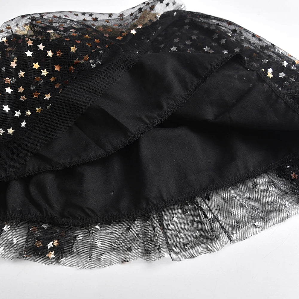 VIKITA Girls Golden Silvery Star Sequins Mesh Tutu Skirts Glittery Black Tulle Princess Party Dance Ballet Elegant Mini Skirt