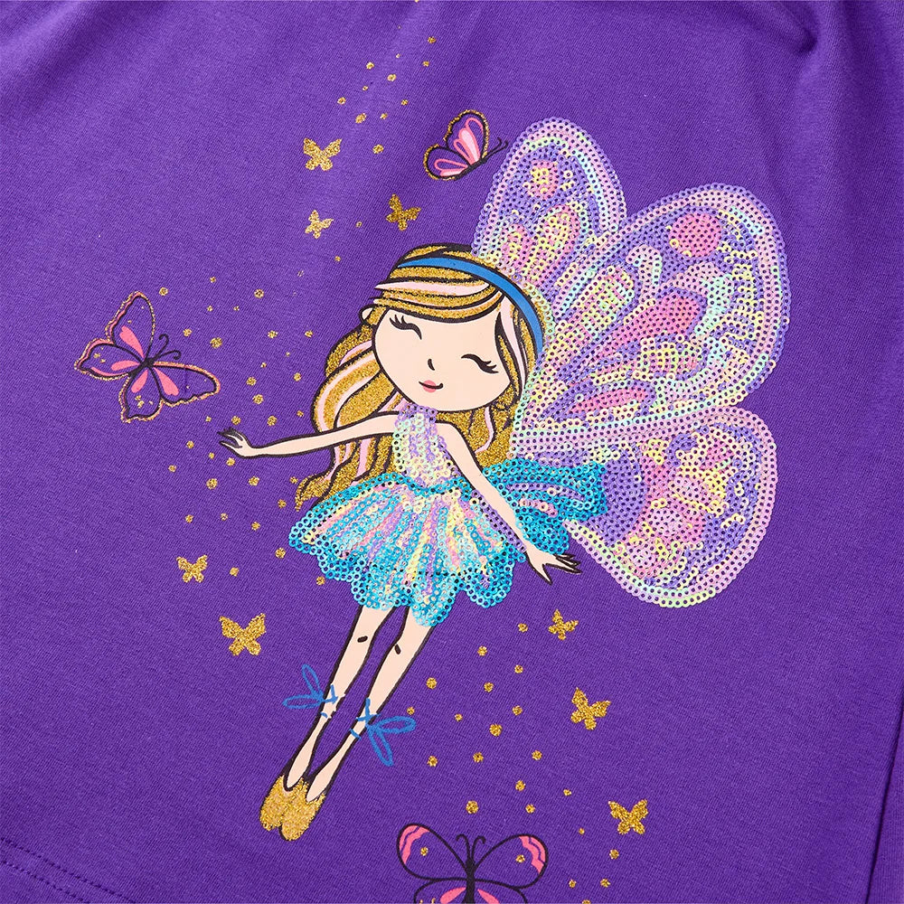 VIKITA Girls Summer Flare Sleeve Cotton Casual School Daily Frocks Purple Fairy Elf Butterfly Sequins Sparkling Straight Dress