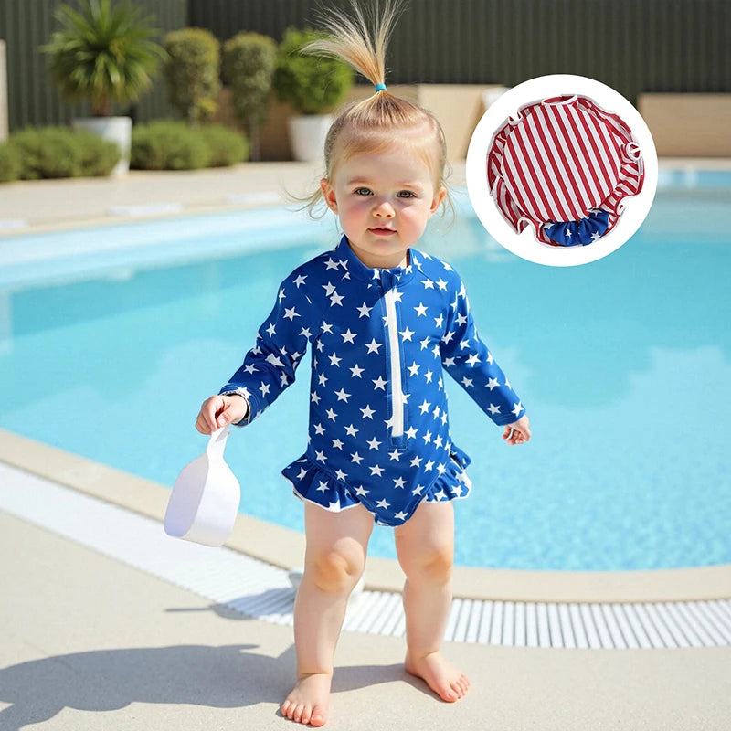 Children s Patriotic Swimsuit Set with Star and Stripe Print Ruffled Zipper Rash Guard Swimwear and Matching Swim Cap for