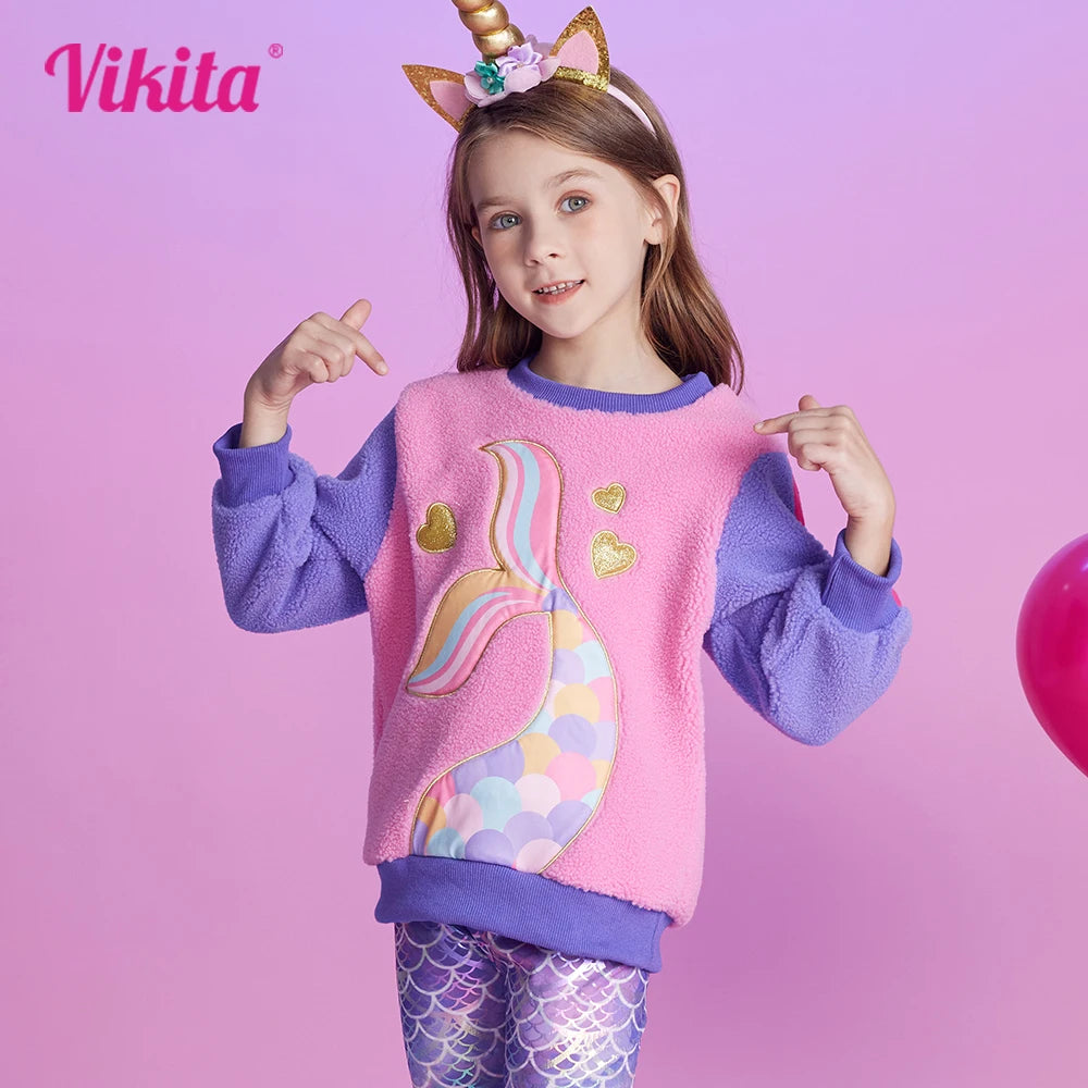 VIKITA Kids Fleece Sweatshirts Girls Hoodies Pullovers Winter Autumn Thick Warm Pullovers Outwear Children's Clothing 3-12 Yrs