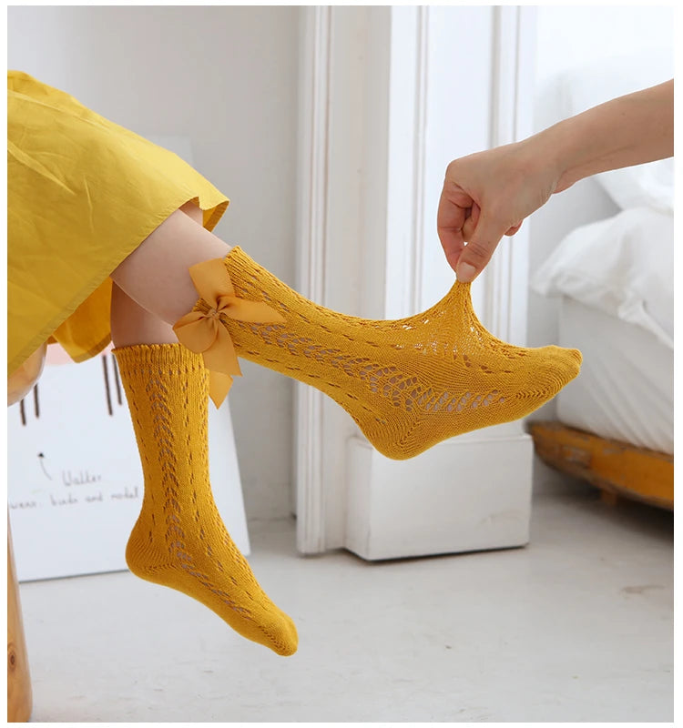1 Pairs Summer Bow Baby Girls Socks Toddler Long Sock Infant Knee High Cotton Mesh Spanish Style Breathable Socks For 0-8Years