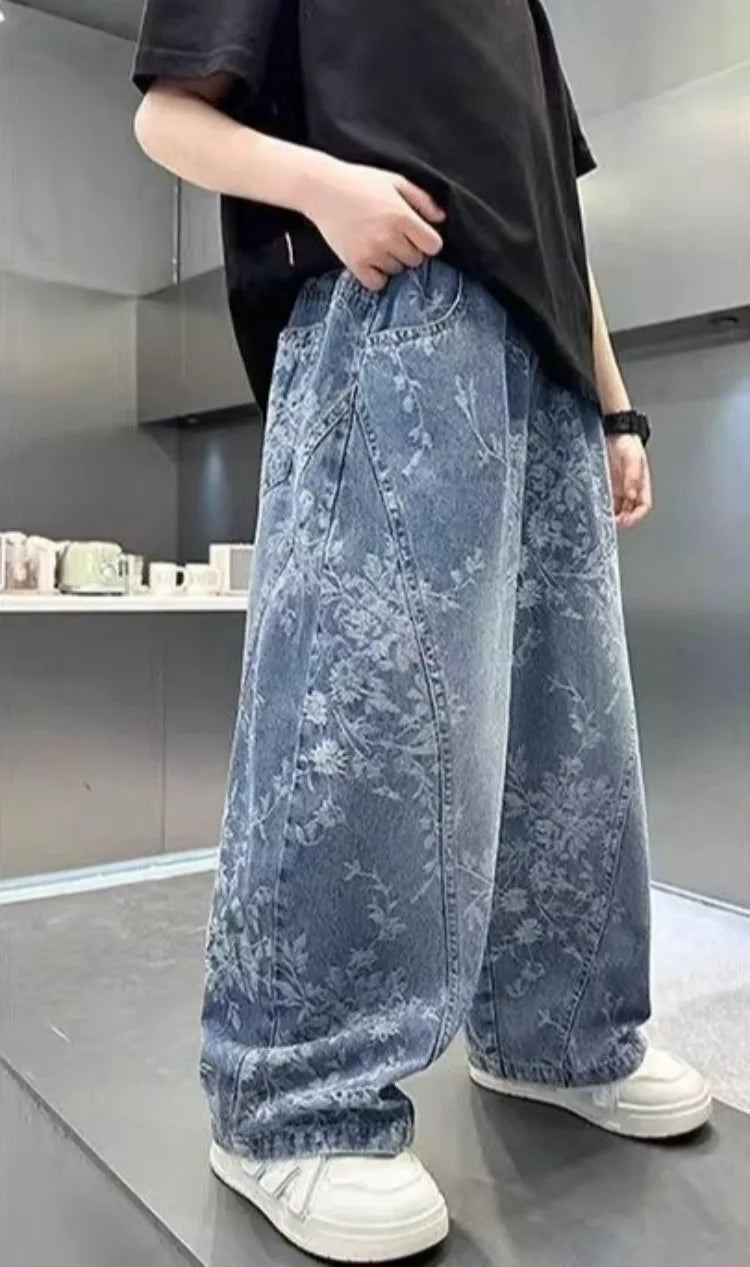 Kids' Casual Wide-Leg Jeans with Jacquard Print - Boys & Girls Big Kids Comfort Fit Spring Autumn Pants