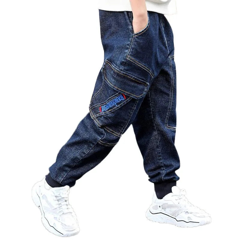 Autumn Winter Boys Fleece-Lined Cargo Pants/Korean Style Thickened Jeans for Toddler Boys
