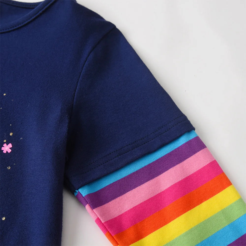 VIKITA Girls Colorful Butterfly Navy Blue T Shirts Kids Cotton Casual Daily Striped Long Sleeve Rainbow Tees Kids Tops Wear 3-8Y
