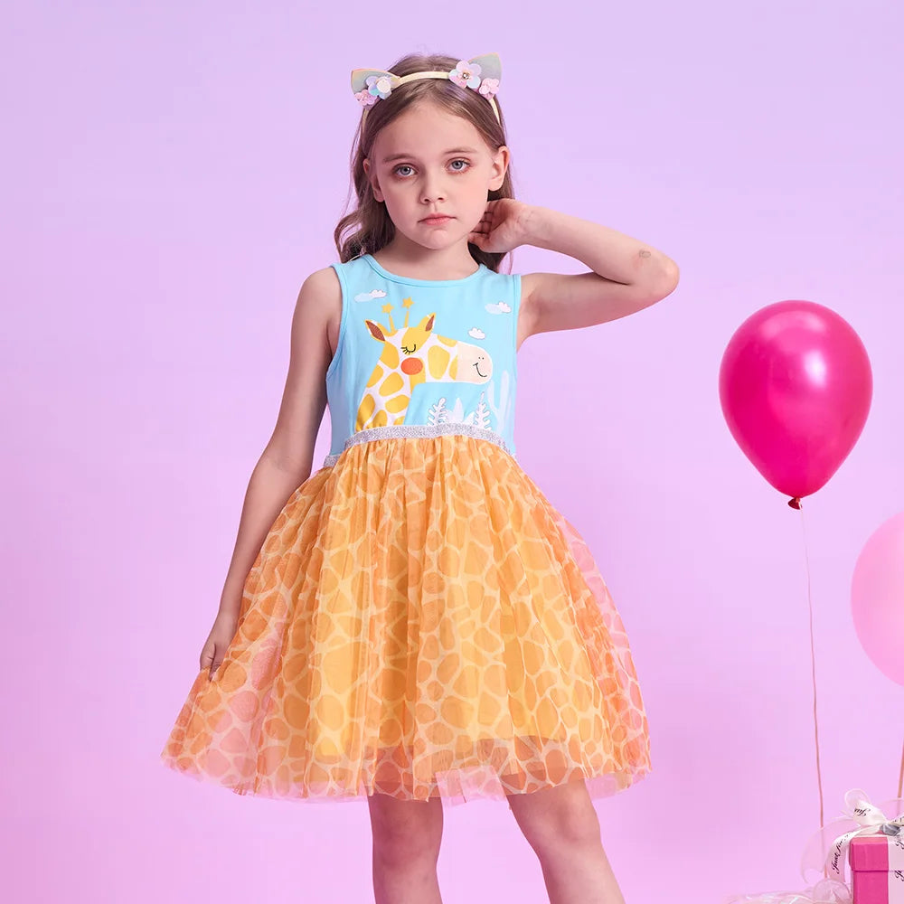 VIKITA Girls Sleeveless Summer Patchwork Dress Kids Giraffe Cartoon Print Infantil Vestidos Kids Mesh Tulle Party Casual Dresses