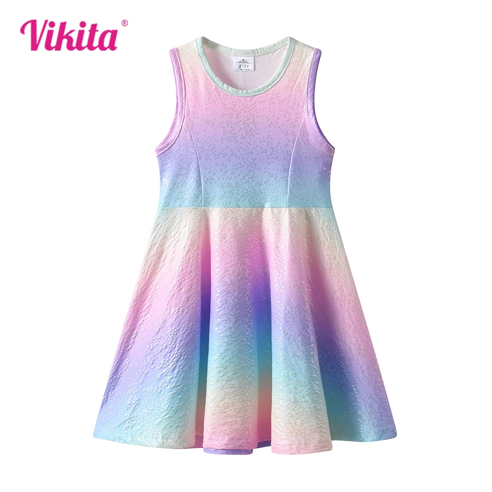 VIKITA Girls Rainbow Colorful Multicolor Polyester Sleeveless Dress Kids Cute Fashion Summer Beach Party Casual Dresses for Kids