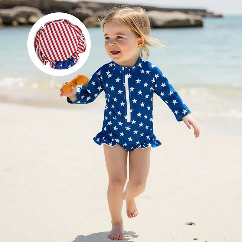 Children s Patriotic Swimsuit Set with Star and Stripe Print Ruffled Zipper Rash Guard Swimwear and Matching Swim Cap for