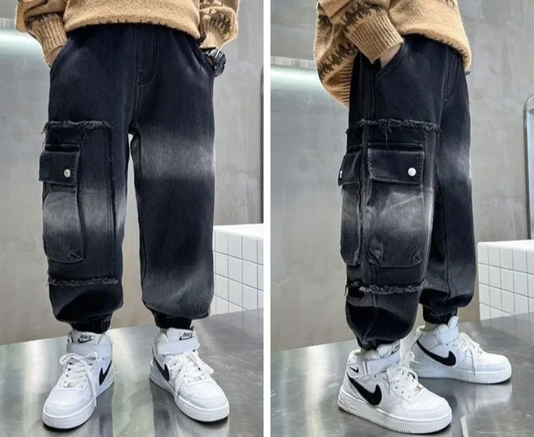 2025 Boys' Cargo Pants All-Season Washed Tie-Dye Denim Long Pants Trendy Casual Style