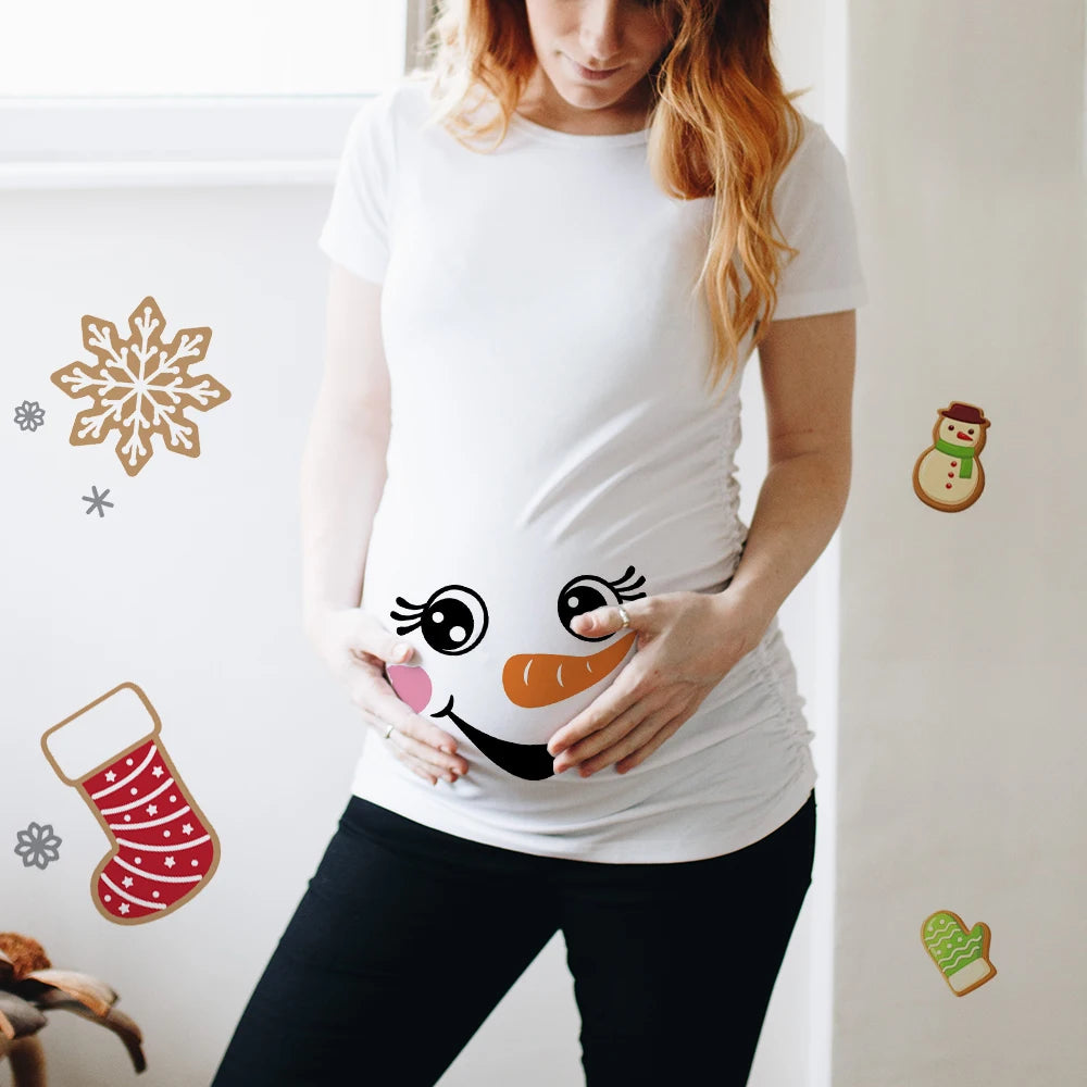 Christmas Pregnant Women T-shirt Snowman Cartoon Printed T Shirt Pregnancy Announcement Clothes Maternity White Short Sleeve Top