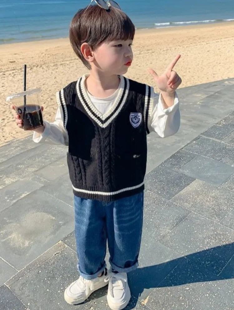 Boys' Knit Vest 2025 Spring Autumn New Preppy Style Kids' Outerwear Trendy Baby Boy Vest for School Casual Wear
