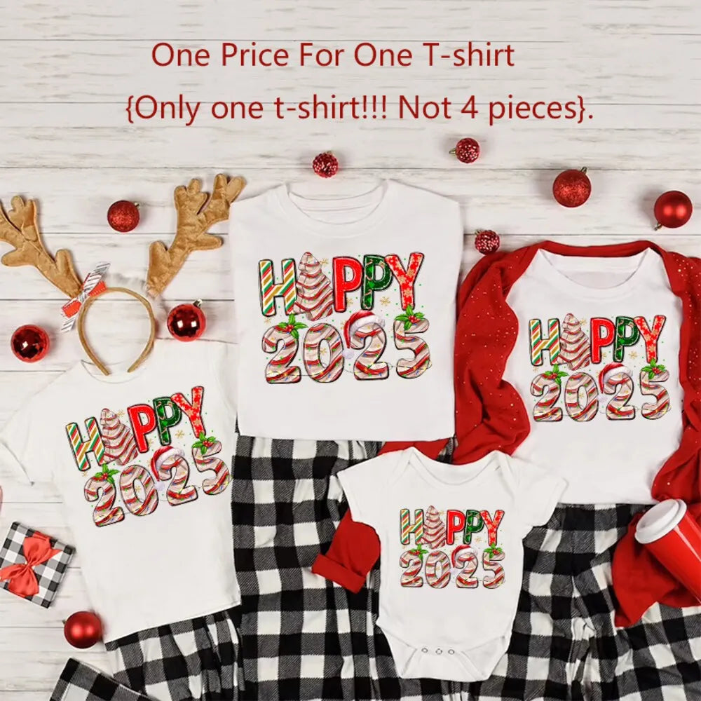 Happy 2025 Family Christmas Matching Tshirts Dad Mom Kids Tees Baby Bodysuits Christmas New Year Party Shirts Outfits