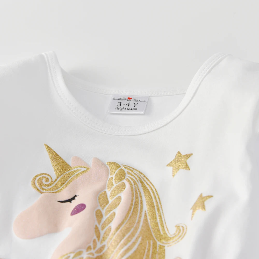 VIKITA Girl Unicorn Cartoon Print Dress Kids Flare Sleeve Autumn Spring Princess Dresses Girls Mesh Tulle Party Vestidos 3-8 Yrs