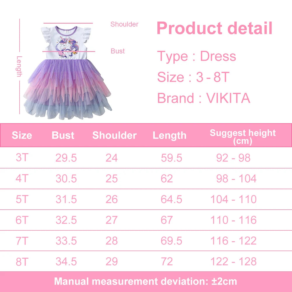 VIKITA Summer Kids Dresses Flying Sleeve Unicorn Children Dress Cartoon Print Tutu Girls Dress  Baby Irregular Party Clothing