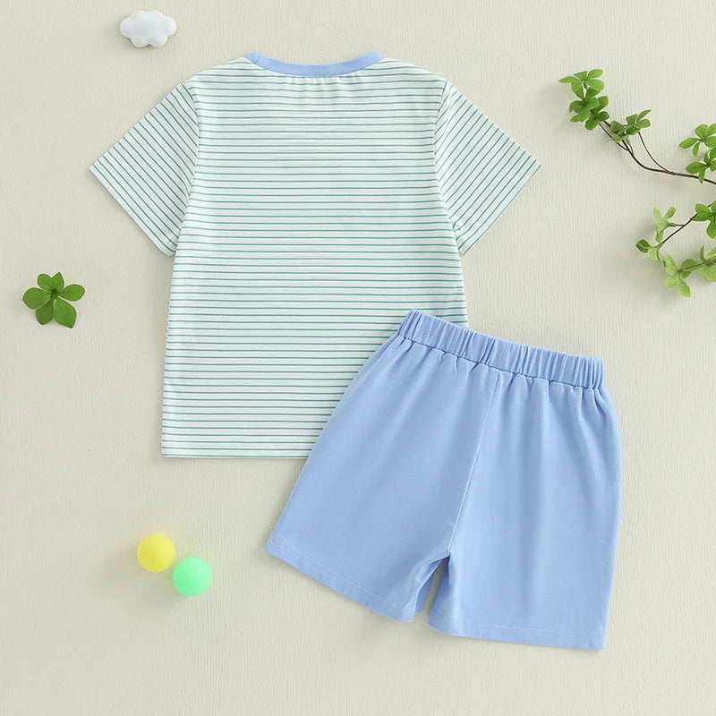 Boys Summer Golf Theme Embroidered T-Shirt and Elastic Waist Shorts Set with Round Neck and Short Sleeves 2-Piece Outfit