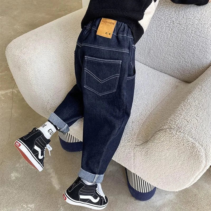 2025 New Boys' Fleece-Lined Jeans for Big Kids - Spring Autumn Autumn Long Pants Kids' Clothing