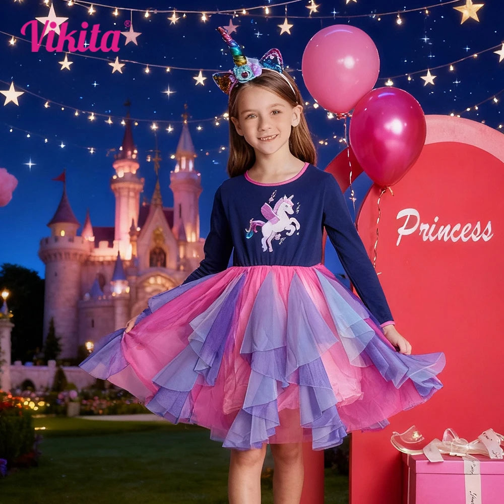 VIKITA Girls Multicolor Tulle Dress Kids Licorne Print Long Sleeve Irregular Tutu Dress for Autumn Teenagers Party Prom Gown