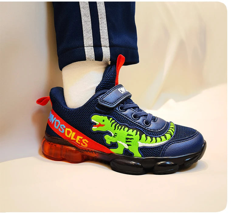 EXDINO T-REX LED 2-9Y Boys Spring Autumn Mesh Tennis Shoes Glowing Children's Kids Flashing Jelly Sole Light Up Casual Sneakers