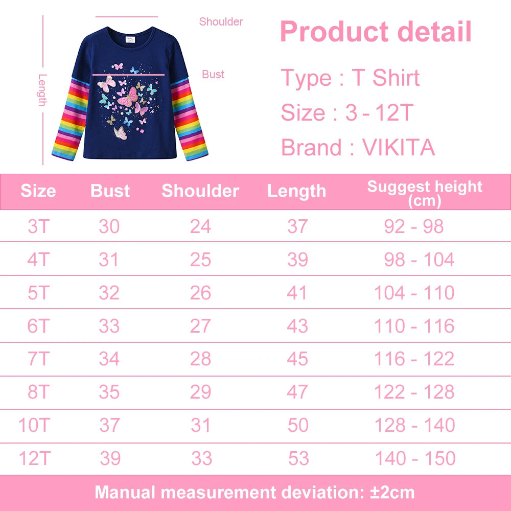 VIKITA Girls Colorful Butterfly Navy Blue T Shirts Kids Cotton Casual Daily Striped Long Sleeve Rainbow Tees Kids Tops Wear 3-8Y