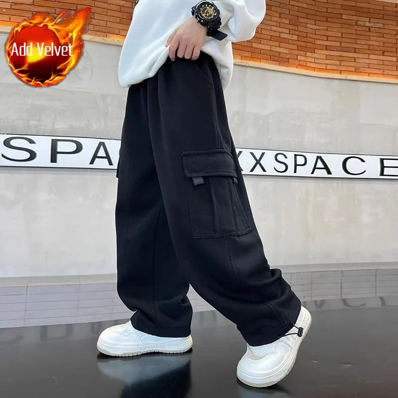 2025 New Boys Autumn Winter Fleece-Lined Sports Cargo Pants, Big Boy Streetwear Trends, Warmth & Comfort