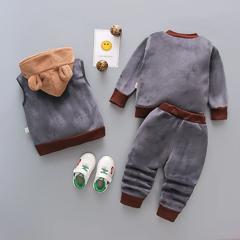 New Winter Baby Girls Clothes Suit Children Boys Thicken Warm Hooded Vest T-Shirt Pants 3Pcs/Set Toddler Costume Kids Tracksuits