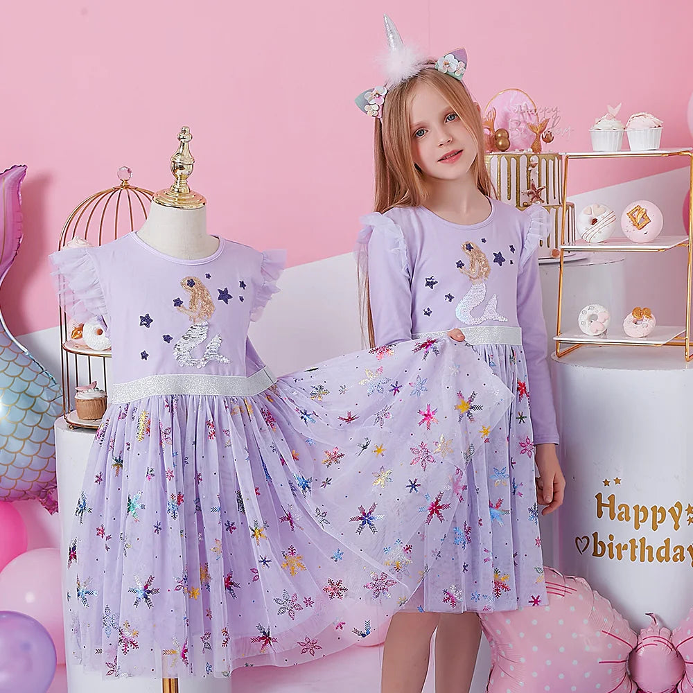 VIKITA New Children Clothes Girls Summer Flare Sleeve Purple Dress Kids Mermaid Sequins Mesh Tulle Princess Party Tutu Vestidos