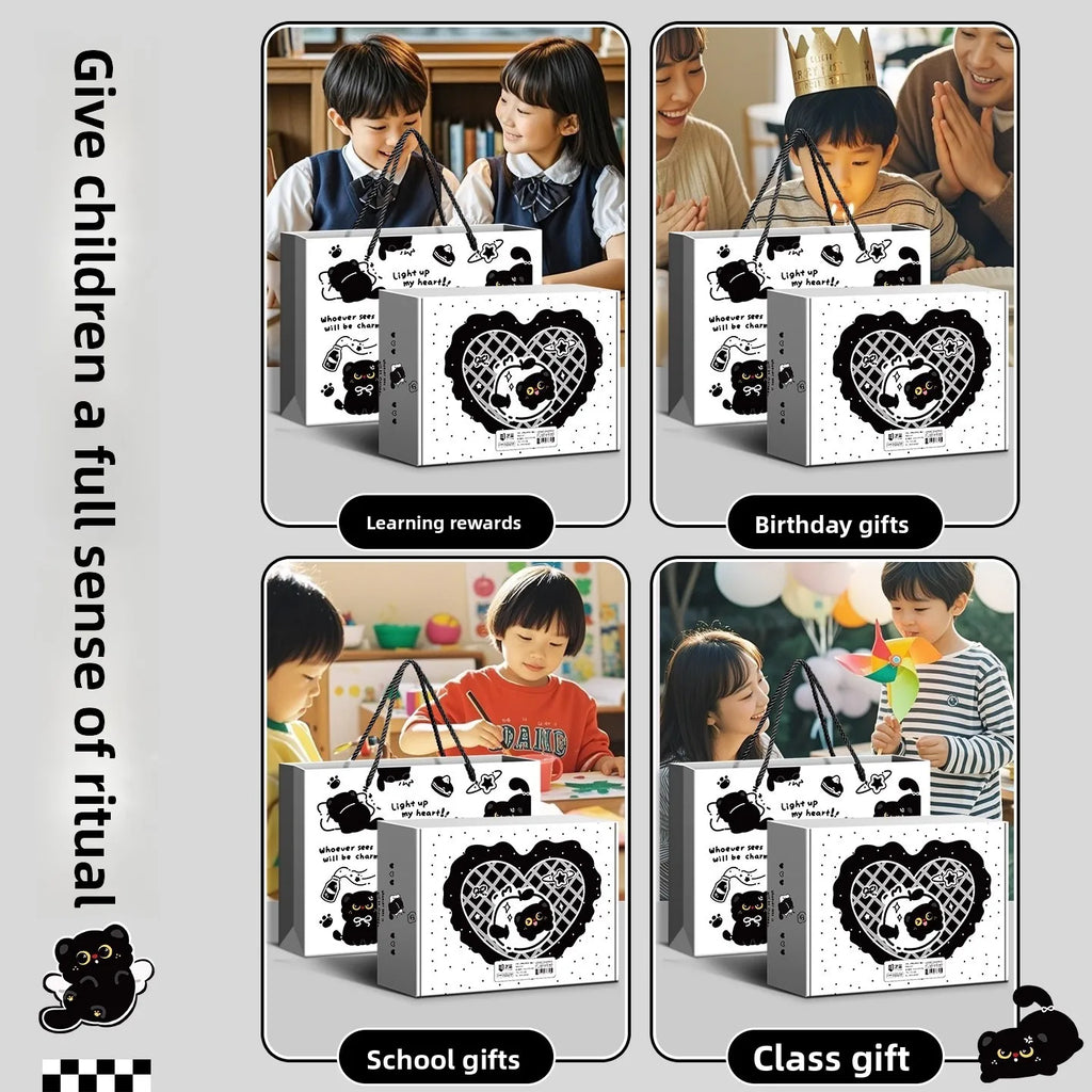 Black Kitten Stationery Set - Cute Cat School Supplies for Students, Aesthetic Pen & Pouch Back-to-School Kit