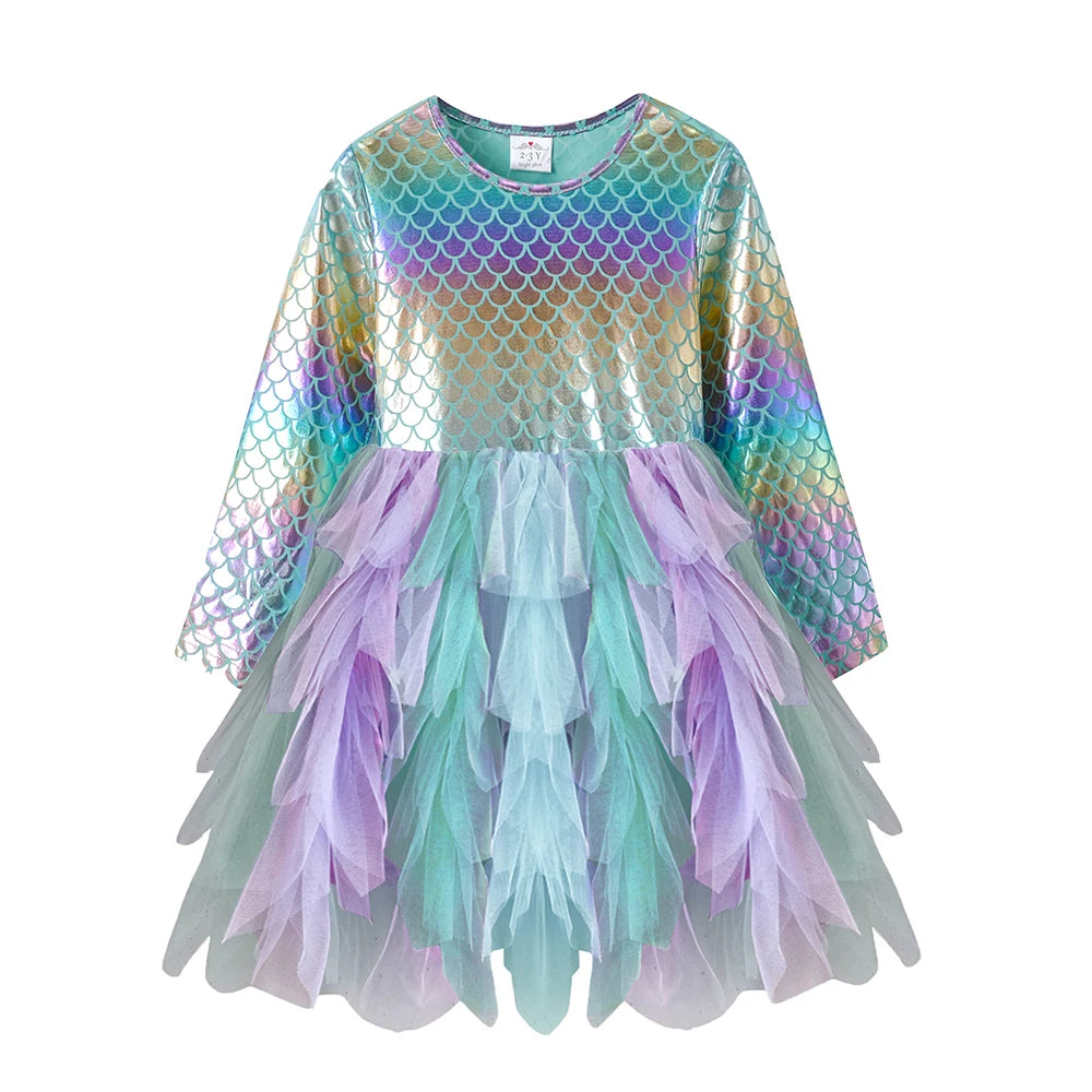 VIKITA Toddlers Girls Mermaid Print Dress Kids Colorful Gradient Layered Mesh Tulle Elegant Birthday Party Princess Tutu Dresse